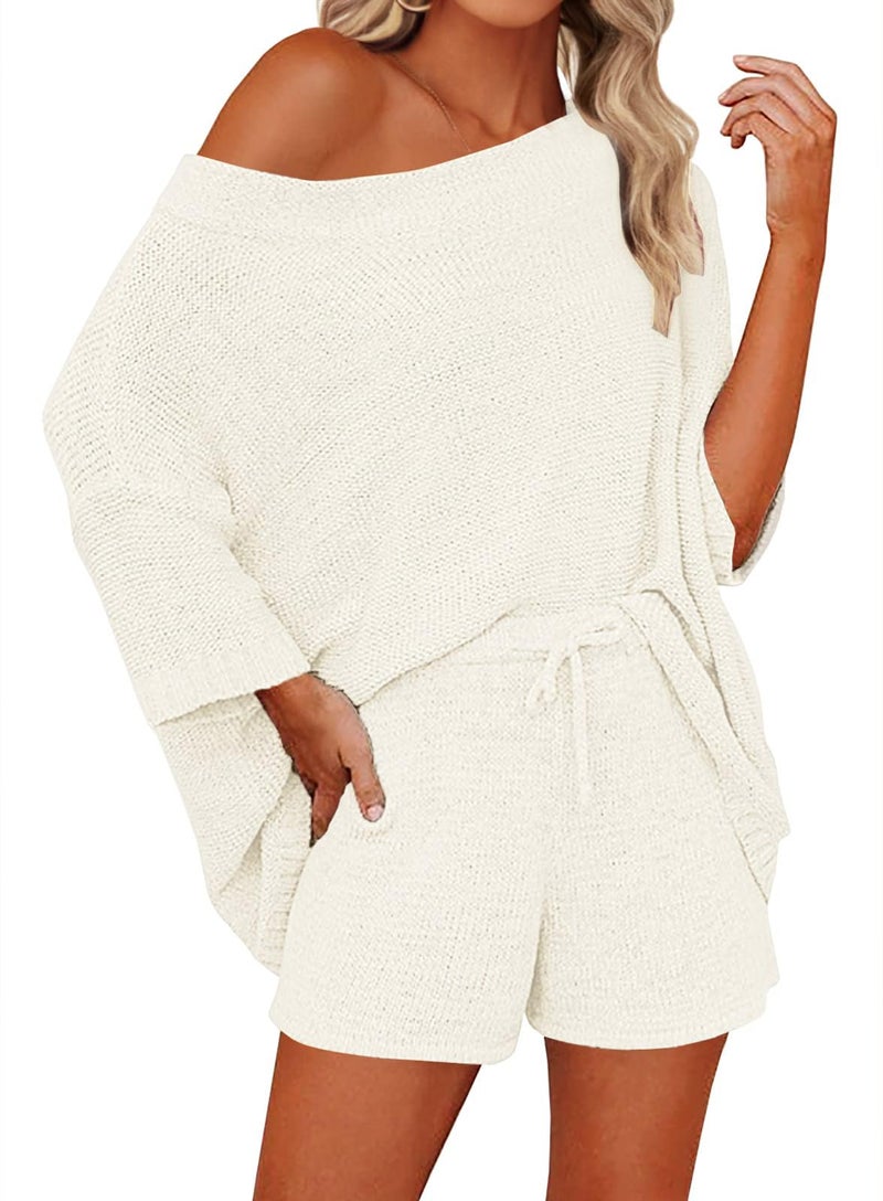 Mafulus Women's 2 Piece Outfits Sweater Sets Off Shoulder Knit Top Shorts Matching Suits Cute Pajama Lounge Set - Image 1